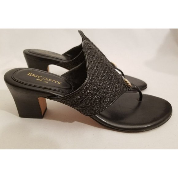 Eric Javits Bula Braid Thong Sandals Black Leather Woven Raffia Size 10 EUC - Picture 2 of 7